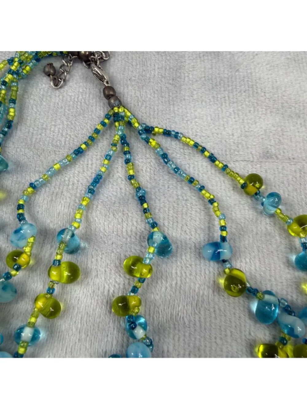 Multistrand Blue & Green Glass Beaded Necklace - Statement Piece Women Vintage